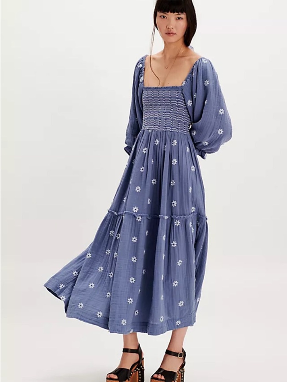 Free People Dahlia Embroidered Maxi Dress in Dusty Blue